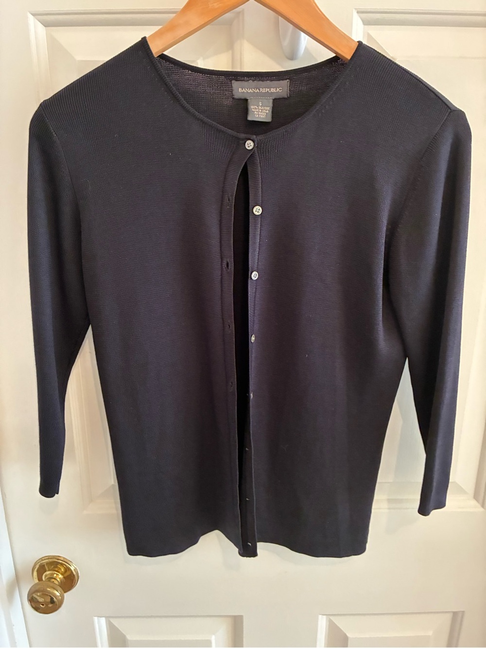 Banana Republic Black Silk Crewneck Cardigan Sweater, Small